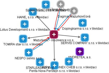 Mazurkovič - insolvence v.o.s. - náhled vizuálního zobrazení vztahů obchodního rejstříku