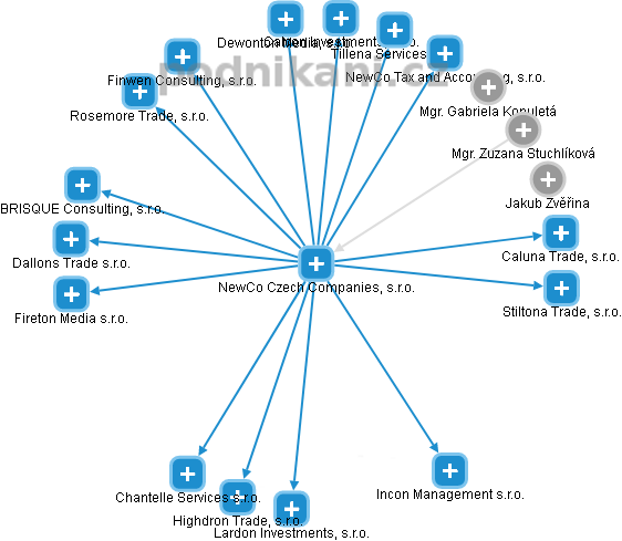 NewCo Czech Companies, s.r.o. - náhled vizuálního zobrazení vztahů obchodního rejstříku